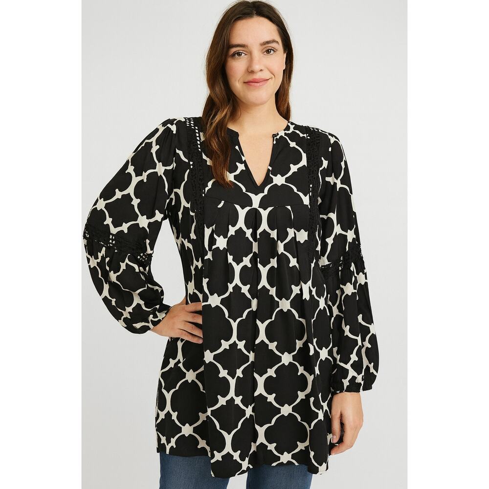 Crown & Ivy M black white window pane geo peasant style tunic dress EUC relaxed
